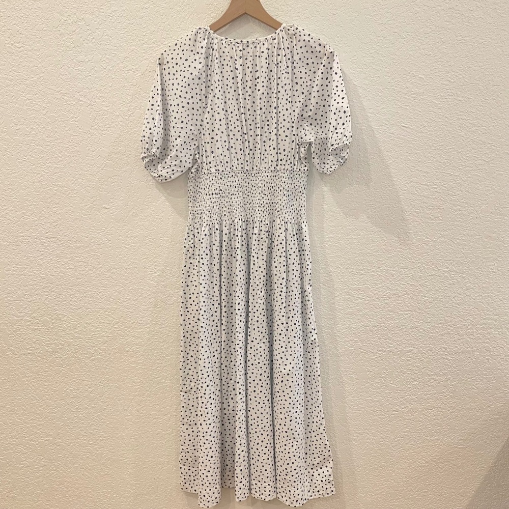 NEW J.Crew Polka Dot Smocked Waist Puff Sleeve Cotton Midi Dress White Navy M - Picture 6 of 9